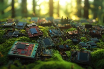Obraz premium Electronic circuit boards are scattered across a vibrant mossy forest floor, symbolizing the intricate intersection of technology and nature.