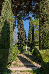 The elegant Santa Clotilde Gardens. This Italian Renaissance-style space combines terraces, classical statues, cypress trees, and gazebos with stunning sea views. Lloret de Mar, Spain
