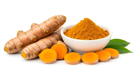 Fresh Turmeric Roots and Ground Powder Isolated on White Background