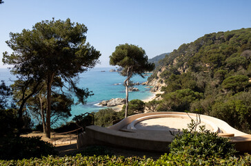 The elegant Santa Clotilde Gardens. This Italian Renaissance-style space combines terraces, classical statues, cypress trees, and gazebos with stunning sea views. Lloret de Mar, Spain