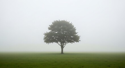 A solitary tree stands majestically in a vast, misty green field, enveloped by a thick, atmospheric fog creating a serene landscape.