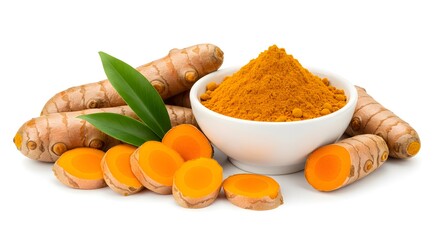 Fresh Turmeric Roots and Ground Powder Isolated on White Background