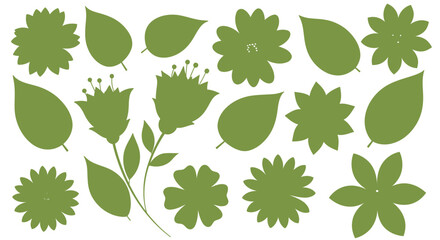A collection of green silhouette illustrations featuring various flower blossoms, leaves, and floral arrangements against a white background.
