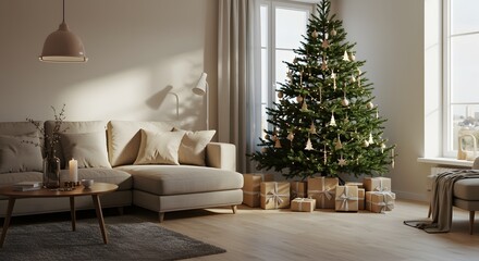 Celebrate cozy holiday moments with this beautifully decorated Christmas tree and gifts in a serene, light-filled living room scene ready for holiday cheer