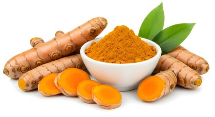 Fresh Turmeric Roots and Ground Powder Isolated on White Background