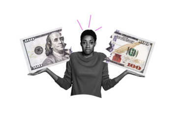 Composite photo collage of confused american girl shrug shoulders torn dollar banknote problem inflation isolated on painted background