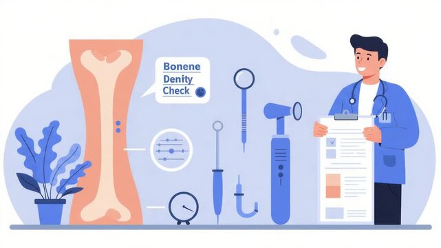 Doctor holds clipboard next to bone illustration and medical tools
