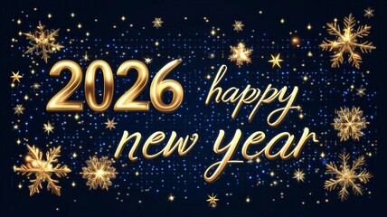 Naklejka premium 2026 Happy New Year Celebration Banner with Golden Stars and Sparkling Dark Blue Background for Greeting Card and Event Invitation