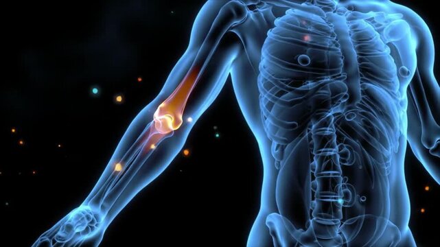 Human Anatomy X-Ray View with Highlighted Elbow Joint and Pain Indication.