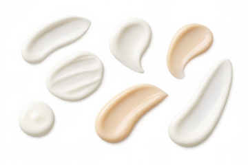 Cosmetic cream product swatches on transparent background, showing different textures and shades for cosmetics and skincare