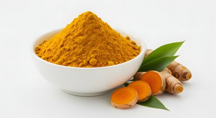 Fresh Turmeric Roots and Ground Powder Isolated on White Background