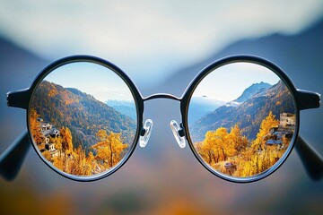 Glasses reveal a vibrant world with bustling streets and autumn foliage