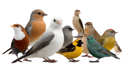Diverse Avian Wonders: A captivating tableau of various bird species, each a unique jewel in the avian kingdom, posing together in a display of unity.