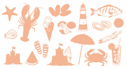 Hand-drawn coastal design elements featuring seafood, beach items and summer treats, white background