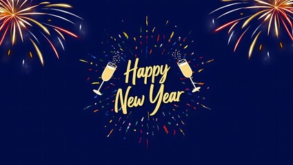 Luxury Happy New Year Greeting Card with Golden Typography, Confetti, Champagne, and Fireworks