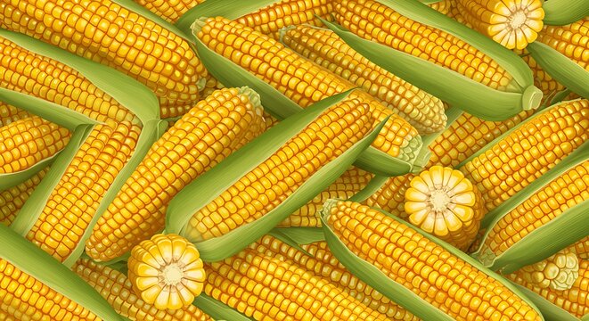 Fresh corn cobs with bright yellow kernels arranged close up view - Powered by Adobe