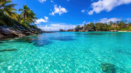 Serene tropical beach with clear turquoise water, palm trees swaying, and distant rocky islands under a bright sky