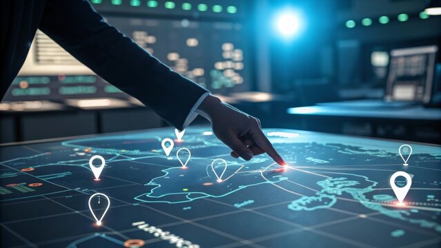 Hand hovering over interactive holographic world map with glowing location pins in a high-tech navigation interface digital workspace futuristic concept