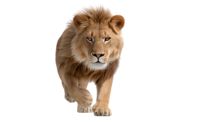 Majestic Lion's Forward Stance: A powerful lion, showcasing its impressive mane and piercing gaze, strides with confident elegance towards the viewer, embodying the raw essence of the wilderness.
