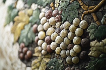 Fototapeta premium A close-up view of an intricate mosaic or sculpted relief, depicting vibrant clusters of grapes and lush green leaves, showcasing rich texture and artistic craftsmanship.