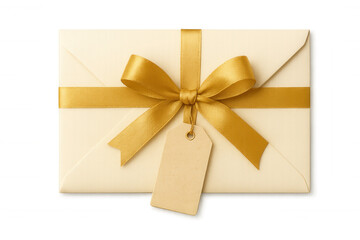 Ivory envelope with golden ribbon bow and blank gift tag, providing a present or invitation concept, transparent background