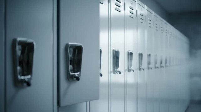 Empty school lockers with an open door, creating a mysterious