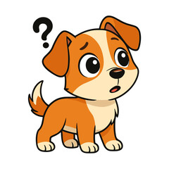 Confused puppy stands with question mark icon