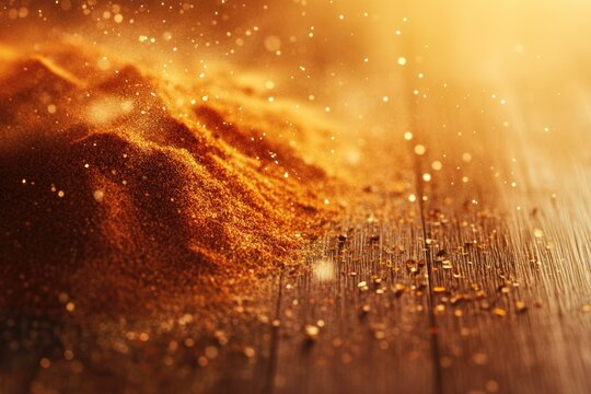 Golden granules cascade onto a wooden surface, illuminated by a warm glow and sparkling with ethereal dust, creating a mystical, shimmering scene.