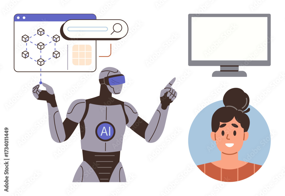 Wall mural robot with ai badge gestures at tech interface, woman in profile, and computer monitor. ideal for ai