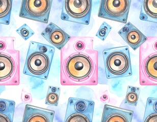 Watercolor-painted speakers in pink and blue, scattered on a white background with light blue watercolor washes