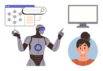 Robot with AI badge gestures at tech interface, woman in profile, and computer monitor. Ideal for AI, technology, innovation, robotics, machine learning, interaction human-robot communication