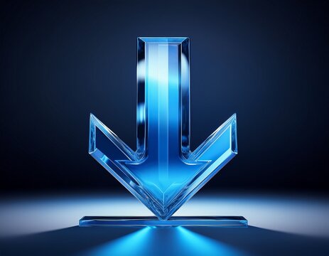 a 3d rendered blue glass arrow pointing downwards signifying download decline or decrease
