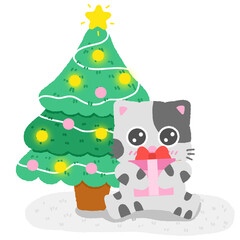 A cat is sitting in front of a Christmas tree