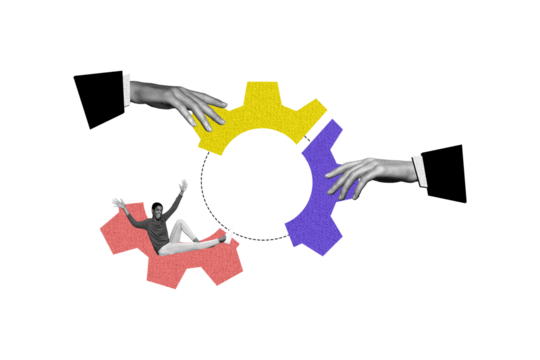 Composite photo collage of happy american girl sit gearwheel hands business optimization progress aim isolated on painted background