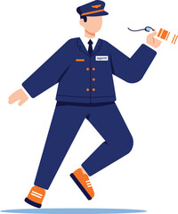 Fototapeta premium Japanese train conductor in uniform holding tickets and motioning with a flashlight, conveying a sense of service and transportation, vector illustration in a modern flat style.