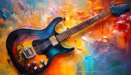 Naklejka premium electric guitar on abstract colorful background acrylic painting on canvas