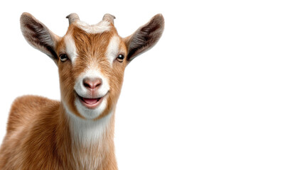 Smiling Goat Portrait: A charming goat gazes directly at the viewer with a captivating smile, its expressive eyes conveying a sense of curiosity and amiability. A study in animal character.
