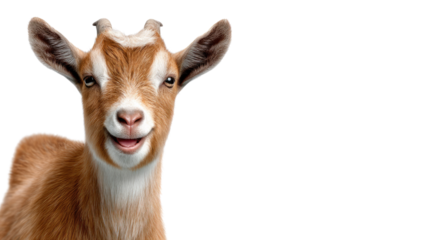 Smiling Goat Portrait: A charming goat gazes directly at the viewer with a captivating smile, its expressive eyes conveying a sense of curiosity and amiability. A study in animal character.