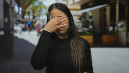 Obraz premium Woman in black top with long hair standing outdoors on a street, appearing thoughtful and concerned as she touches her forehead, blurred background of urban shopping area.