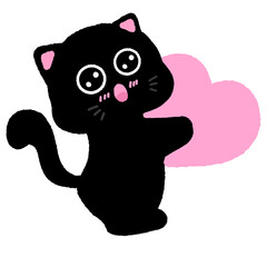 A black cat is holding a pink heart