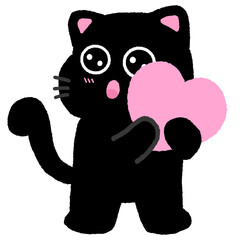 A black cat holding a pink heart