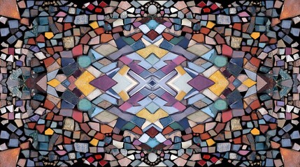 Symmetrical mosaic of various-sized, colorful tile fragments against a black background
