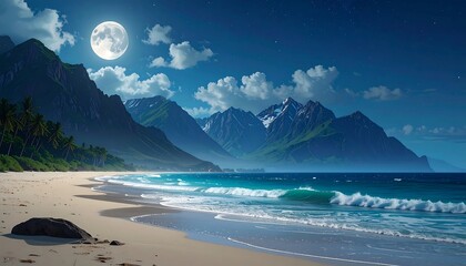 Serene moonlit beach at night, waves gently lapping shore, mountains rise in background