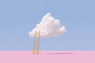 Ladder reaches up to fluffy cloud in serene pastel landscape, ev
