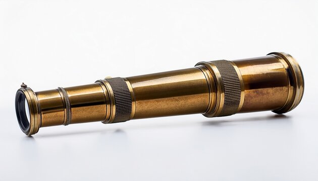 horizontal view of a weathered brass telescope with a black eyepiece positioned on a white background to isolate