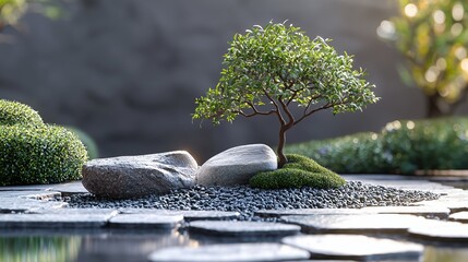 Minimalist garden scene with neatly arranged stones and a single bonsai tree.