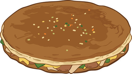 Close-up illustration of a large, round sandwich with various fillings and toppings.