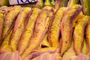 Fresh pink fish displayed in Chilean fish market, local seafood for sale and vibrant culinary scene in South America