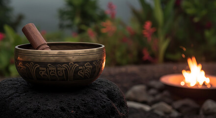Singing bowl placed on rock with flame and greenery background  