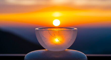 Crystal bowl reflecting sunset light on serene mountain backdrop  